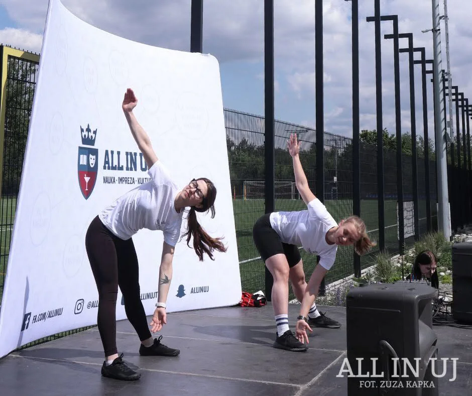 Leading the pre-race warm-up for university runners